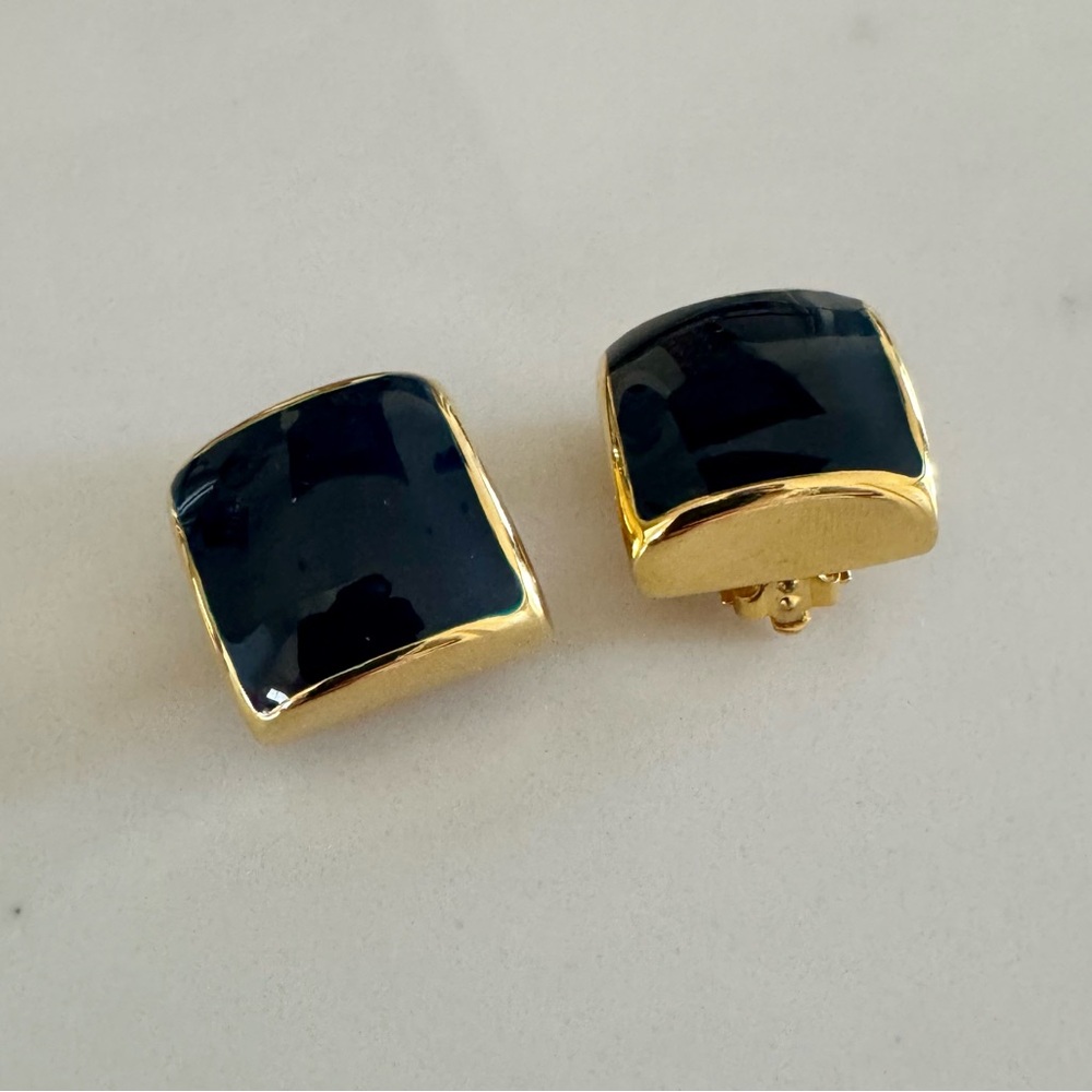 Vintage 80s C.M.Lent Gold & Navy Enamel Square Fashion Clip-On Earrings - Picture 7 of 16
